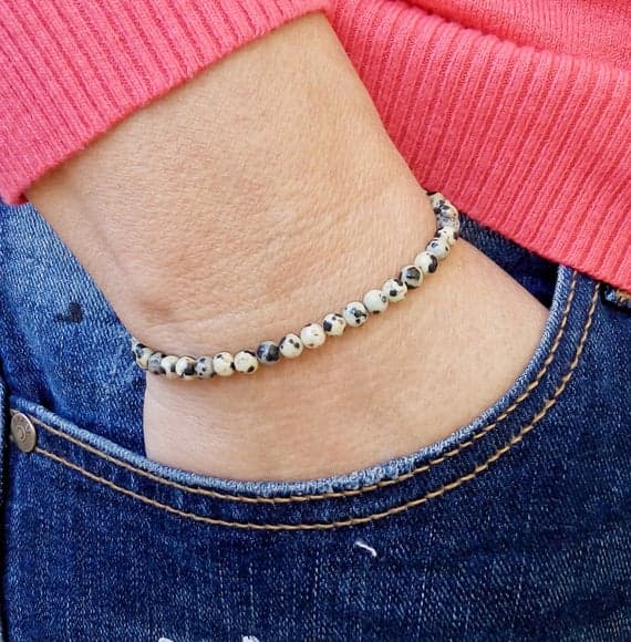 Personalized Gift 4mm Multi Colour DALMATIAN JASPER Stretchable Bracelet Round, Smooth 18cm for mens, womens, gf, bf and adults.