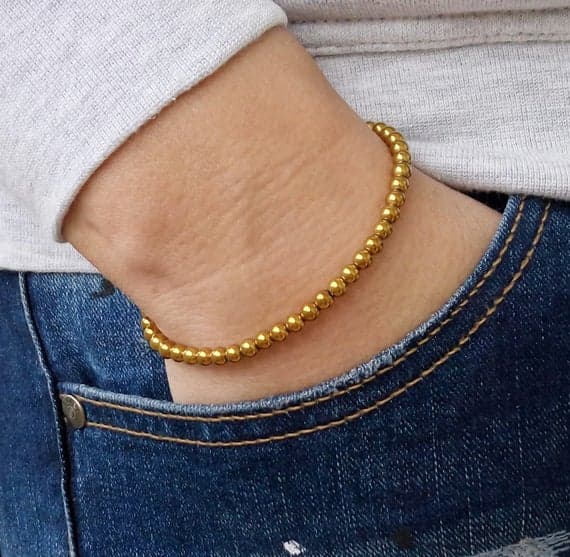 Anxiety Gemstone 4mm Gold HEMATITE Stretchable Bracelet Round, Smooth 18cm for mens, womens, gf, bf and adults.