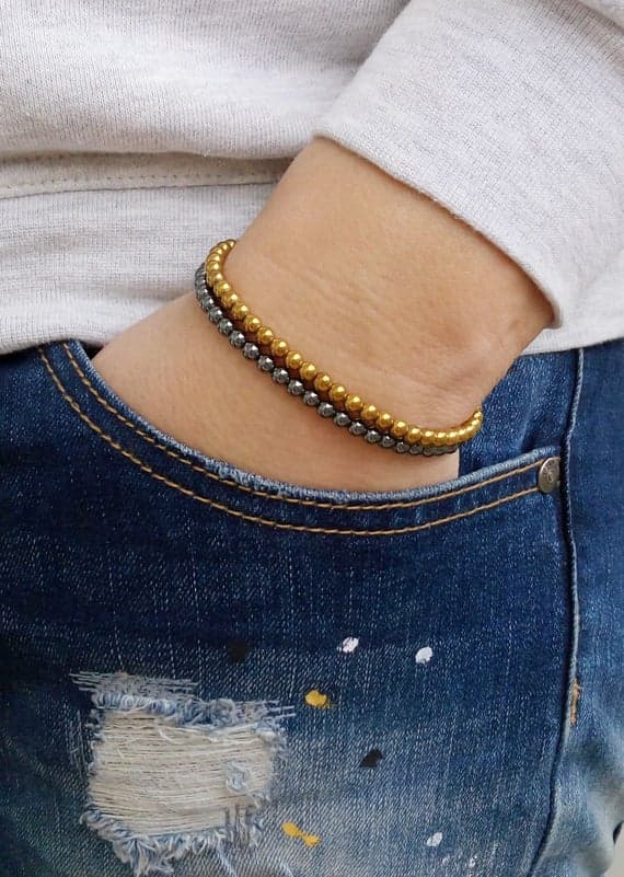 Jewelry Energy 4mm Black,Gold HEMATITE Stretchable Bracelet Round, Smooth 18cm for mens, womens, gf, bf and adults.