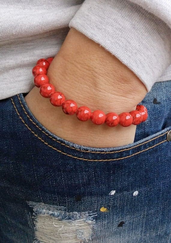 Bridesmaid Jewelry 12mm Red RED HOWLITE Stretchable Bracelet Round, Smooth 18cm for mens, womens, gf, bf and adults.
