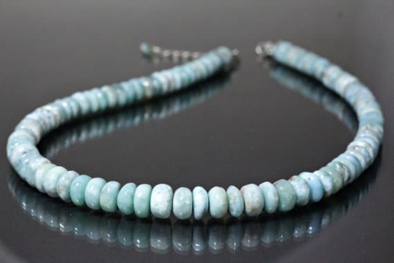 925 sterling Silver Unique Wedding Gift 8mm stacking Sky Blue Larimar Necklace Rondelle, Smooth 17" for mens, womens.