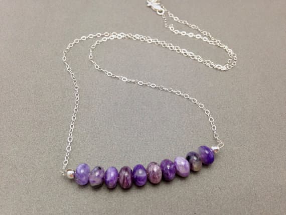 Charoite Sterling Silver 18" Necklace for Connection to Source and the Purple Ray, Psychic Protection, Integration, and Deep Healing 4x6mm Code- WAR6260