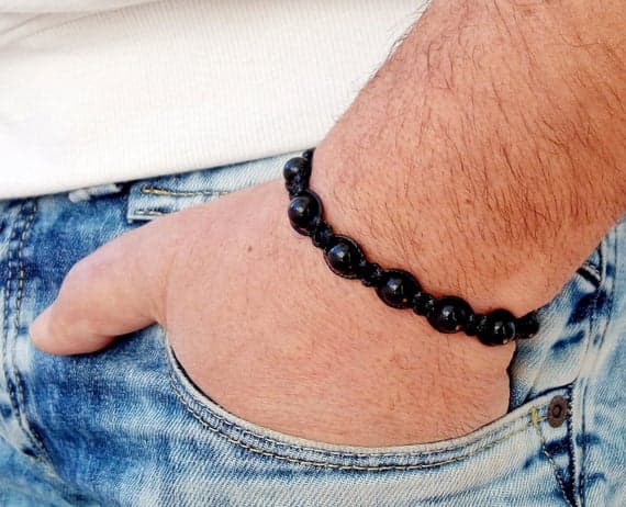 Anniversary Gift 8mm Black onyx Shamballa Adjustable Bracelet Round, Smooth 18cm for mens, womens, gf, bf and adults.