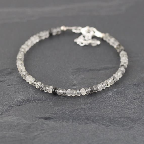 925 sterling Silver Super sale 3.5mm stacking White Black Rutilated Quartz Bracelet Rondelle, Faceted 7" for mens, womens, gf, bf & Adult.