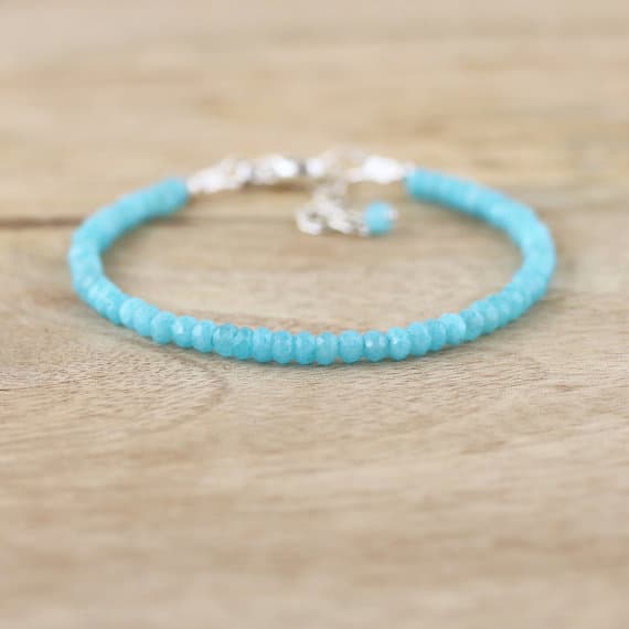 925 sterling Silver Artisan Loose 3mm stacking Blue Amazonite Bracelet Rondelle, Faceted 7" for mens, womens, gf, bf & Adult.