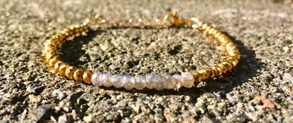 24k gold Plated Anxiety Gemstone Gold Helling 4-5mm stacking Gray Labradorite and Golden Pyrite  Bracelet Rondelle, Faceted 7" for mens, womens, gf, bf & Adult.