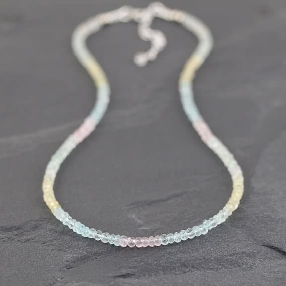 925 sterling Silver Rock Gift 3-3.5mm stacking Multi Ombre Aquamarine Morganite  Necklace Round, Faceted 16" for mens, womens, gf, bf & Adult.
