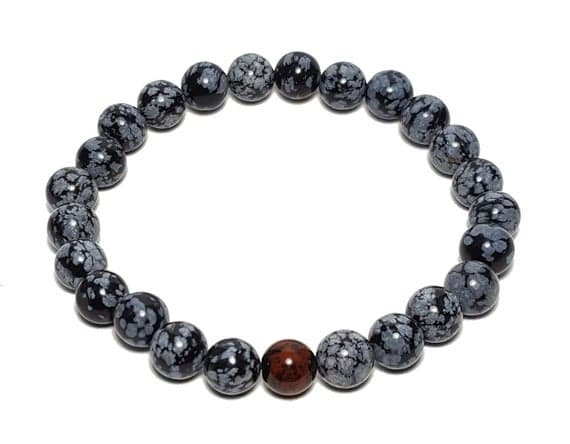 Rock Gift 8mm Stretchable black Snowflake & Mahogany Obsidian Bracelet Round, Smooth 7" for mens, womens, GF, BF, Adults.