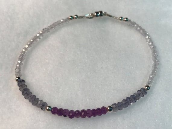 Genuine Iolite, Amethyst, White Zircon, & Sterling Silver Seed Bead gemstone bracelet - 3.5mm Code- WAR6099