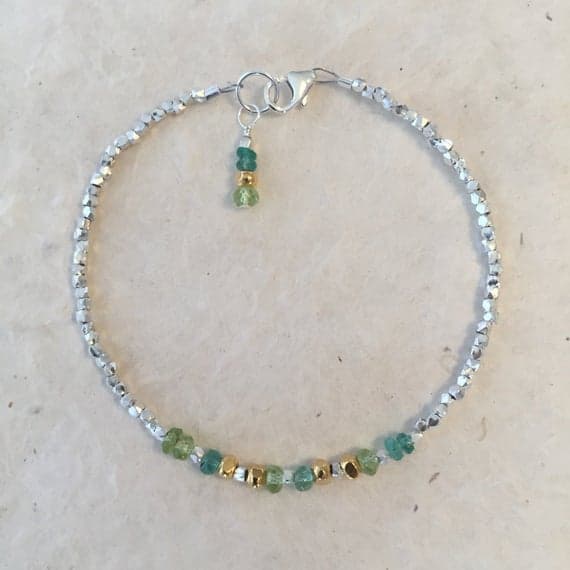Emerald Peridot Karen Hill Tribe Thai Silver and Gold Vermeil Beaded Bracelet, Sundance Style 3-5mm Code- WAR6478