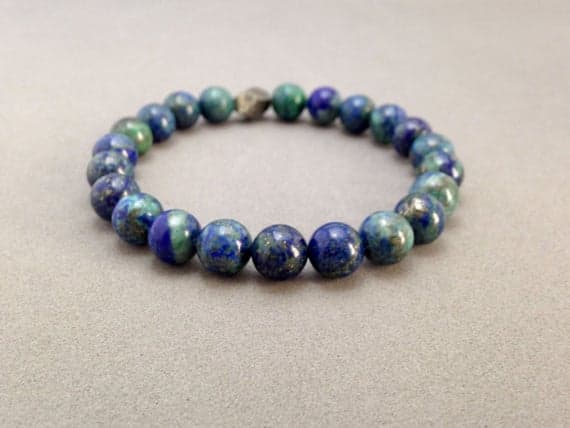 8MM Azurite Malachite and Pyrite Combination Stretch Bead Bracelet for Empath Protection, Prosperity, Creativity Code- WAR6201