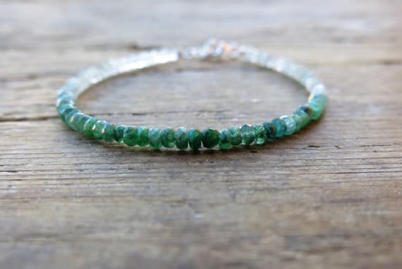 925 sterling Silver Anxiety Relief Calming 4mm stacking Green & White emerald and white sapphire Bracelet Rondelle, Faceted 7" for mens, womens, gf, bf & Adult.