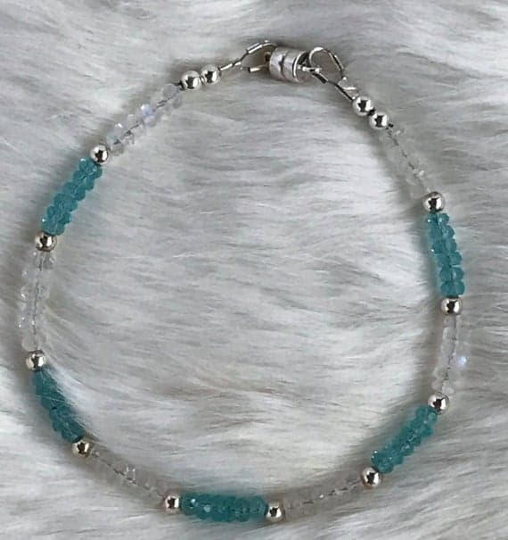 Genuine 3.5mm Apatite gemstone, Rainbow Moonstone & Sterling Silver bracelet with magnetic clasp Code- WAR6112