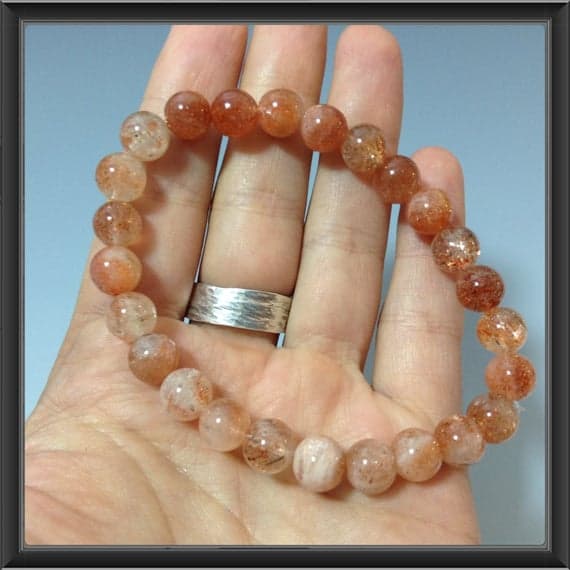 memorial gift 7mm Stretchable Orange Sun Stone  Bracelet Round, Smooth 7" for mens, womens, gf, bf & Adult.