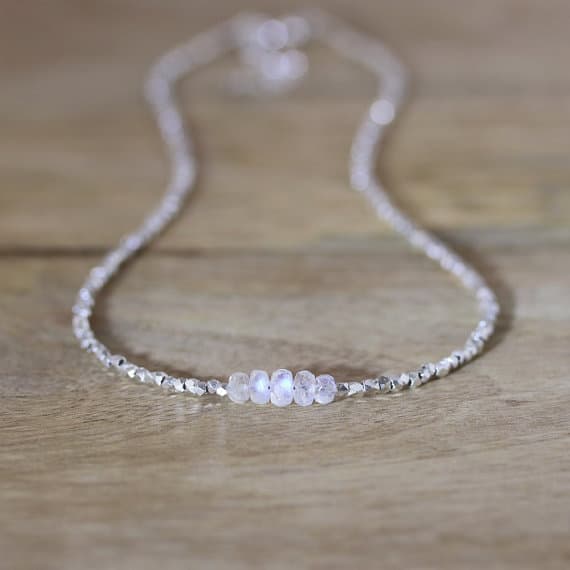 925 sterling Silver Grounding 3-4mm stacking White Rainbow Moonstone Necklace Rondelle, Faceted 16" for mens, womens, gf, bf & Adult.