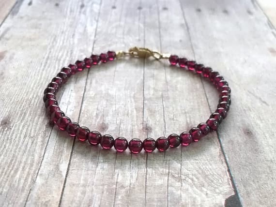 24k gold Unique Wedding Gift 4mm Red Garnet stacking Bracelet Round, Smooth 18cm for mens, womens, gf, bf and adults.