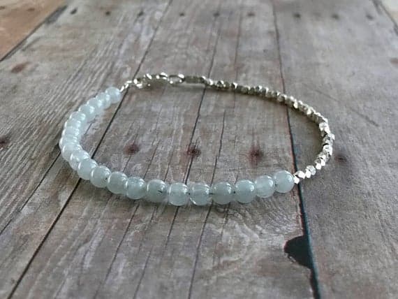 925 sterling silver Rock Gift 4mm Sky Blue Genuine Aquamarine  stacking Bracelet Round, Smooth 18cm for mens, womens, gf, bf and adults.