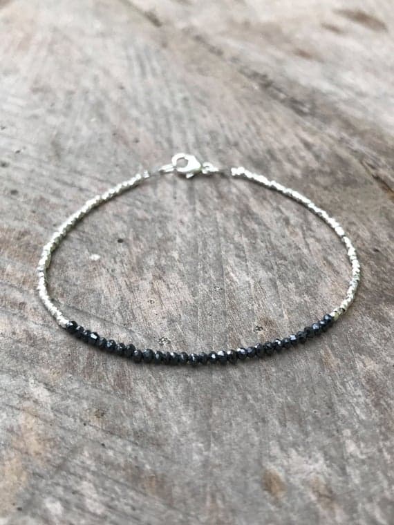AAA++ Rare Quality Black Diamond and Fine Silver Plated Bracelet , Beaded April Birthstone Precious Gemstone Bracelet, Delicate Beaded Bracelet 1.3-1.4 mm Code- TJH09