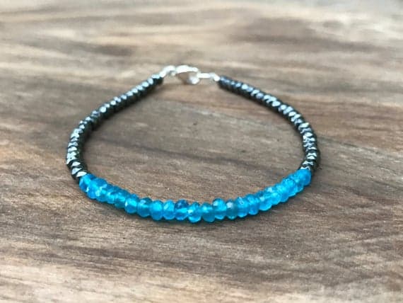 AAA++ Rare Quality Neon Blue Apatite and Hematite Bracelet, Beaded Gemstone Bracelet 3-4 mm Code- TJH08