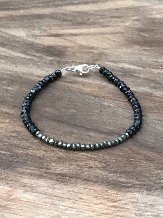 AAA++ Rare Quality Pyrite and Black Spinel Beaded Bracelet, Beaded Fool's Gold  Gemstone Bracelet, Gold  and Black Bracelet 3-3.5 mm Code- TJH39
