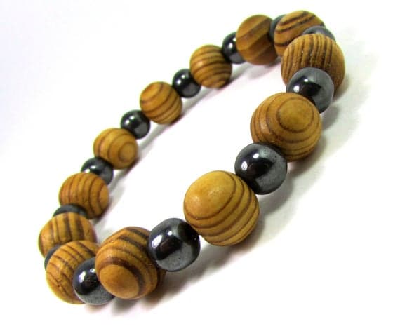 Anniversary Gift 8-10mm Stretchable Multi Wood and Hematite Bracelet Round, Smooth 7.5" for mens, womens.