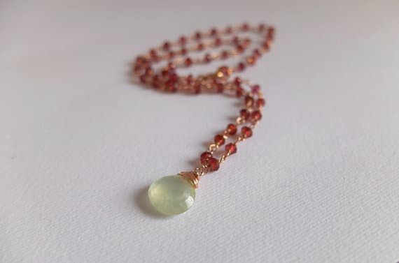 AAA++ Rare Quality Rhodolite Garnet faceted gemstones prehnite pendant,rhodolite Garnet rosary rose Gold  filled chain Prehnite Pendant on Rosary style garnet 3mm Code- TJH190