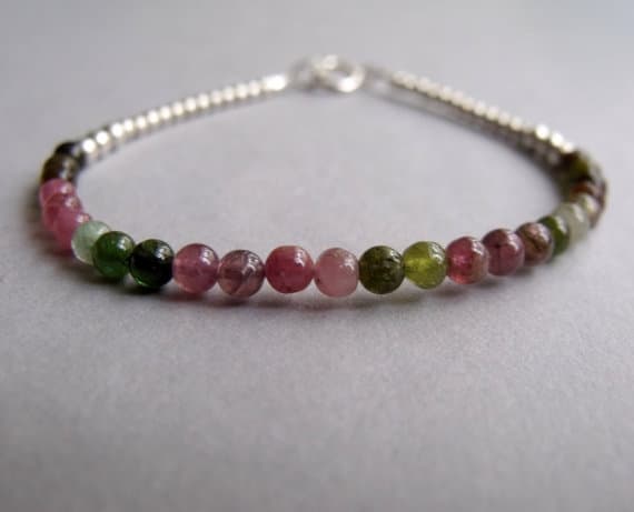 Multi Coloured Tourmaline Round Bead with Sterling Silver Beads Stacking Dainty Bracelet 4-5mm Code- WAR6504