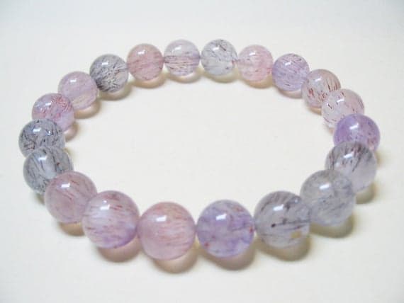 Handmade Beaded 10mm Stretchable Multi Super 7 Crystal Bracelet Round, Smooth 7.5" for mens, womens, GF, BF, Adults.
