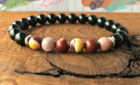 Bridesmaid Jewelry 8mm Stretchable Multi Black Tourmaline & Mookaite Jasper Bracelet Round , Smooth 7" for mens, womens, gf, bf & Adult.