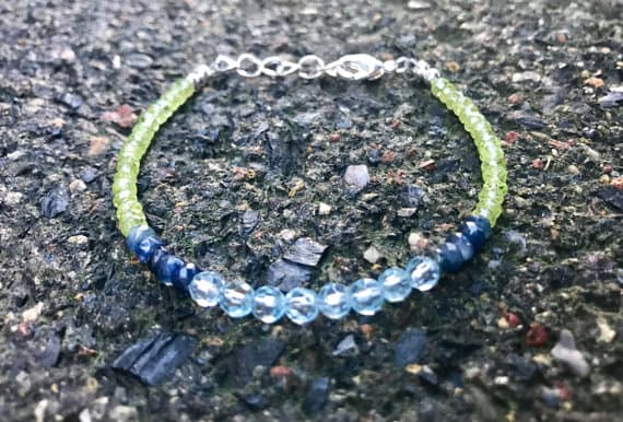 925 sterling Silver love beach youth 3-4mm stacking Multi Blue Topaz, Sapphire and Peridot Bracelet Round & Rondelle, Faceted 7" for mens, womens, gf, bf & Adult.