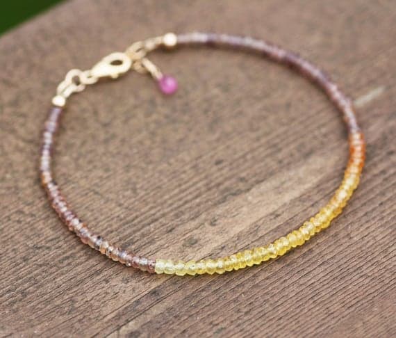 24k gold Plated Empath Protection 2.5-3mm stacking Multi Natural Champagne Sapphire , Ombre Yellow , Padaparadscha Sapphire Bracelet Rondelle, Faceted 7" for mens, womens, gf, bf & Adult.
