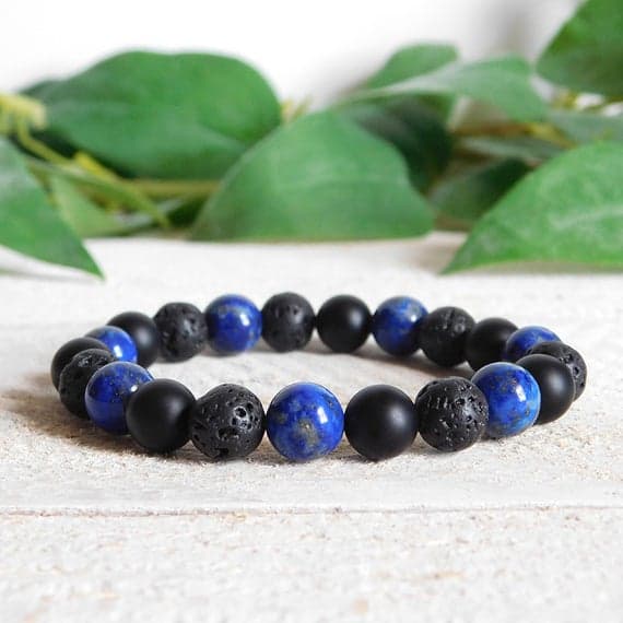 Super sale 8mm Stretchable black & Blue Lapis Lazuli, Lava Rock, and Onyx Bracelet Round, Smooth 7" for mens, womens, gf, bf & Adult.