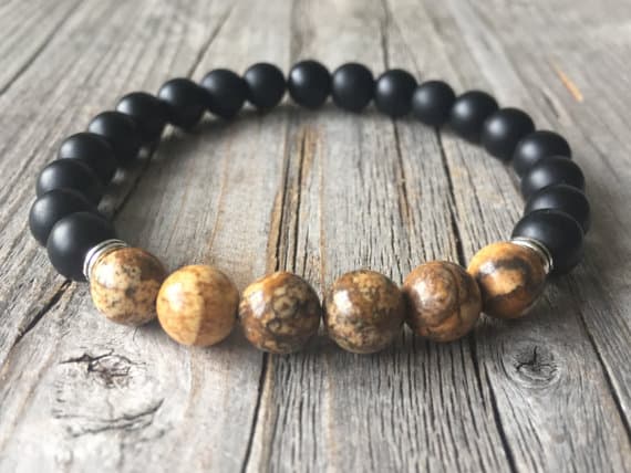 Dainty Slave Loose 8mm Stretchable brown & Black Zabra Jasper & Matt Black Onyx Bracelet Round, Smooth 7" for mens, womens, GF, BF, Adults.