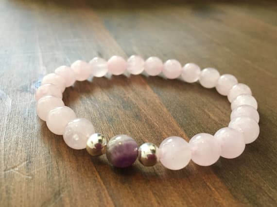 Artisan Loose Silver Helling 8mm Stretchable Pink Rose Quartz, amethyst  Bracelet Round, Smooth 7" for mens, womens.