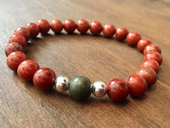 Personalized Gift Silver Helling 8mm Stretchable Red ed Jasper, picasso Bracelet Round, Smooth 7" for mens, womens.
