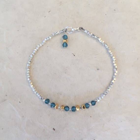 London Blue Quartz Karen Hill Tribe Thai Silver and Gold Vermeil Beaded Bracelet, Sundance Style, Boho Stack Bracelet, Layering Bracelet 3-4mm Code- WAR6377