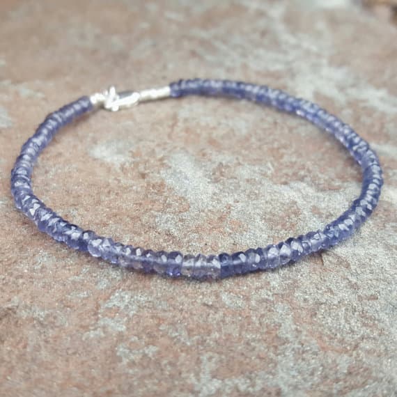 925 sterling silver Anxiety Gemstone 3.5mm Blue Iolite stacking Bracelet Rondelle, Faceted 18cm for mens, womens, gf, bf and adults.