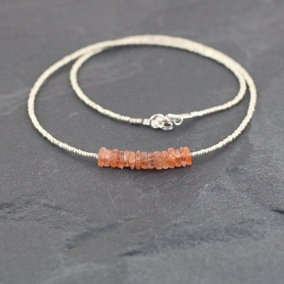 925 sterling Silver Wholesale 4-5mm stacking Orange Sunstone Heishi & Czech Seed Necklace Square, Smooth 16" for mens, womens, gf, bf & Adult.