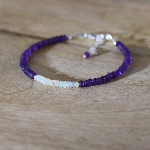 925 sterling Silver Natural 3.5mm stacking Multi Ethiopian Welo Opal & Amethyst Bracelet Rondelle, Faceted & Smooth 7" for mens, womens, gf, bf & Adult.