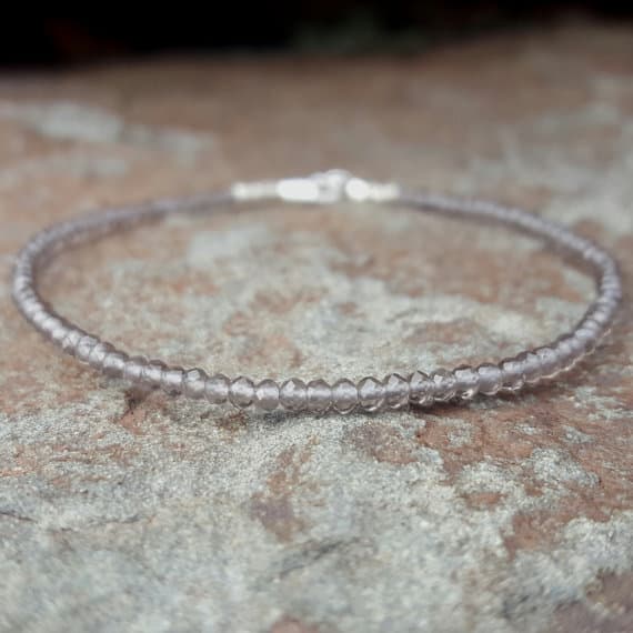 925 sterling silver Anxiety Relief Calming 2.5mm Gray Gray Moonstone stacking Bracelet Round, Faceted 18cm for mens, womens, gf, bf and adults.