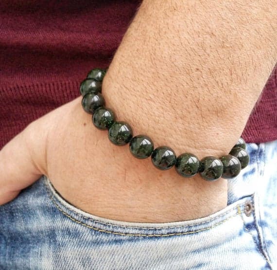 Grounding 12mm Gray SUNSTONE Stretchable Bracelet Round, Smooth 18cm for mens, womens, gf, bf and adults.