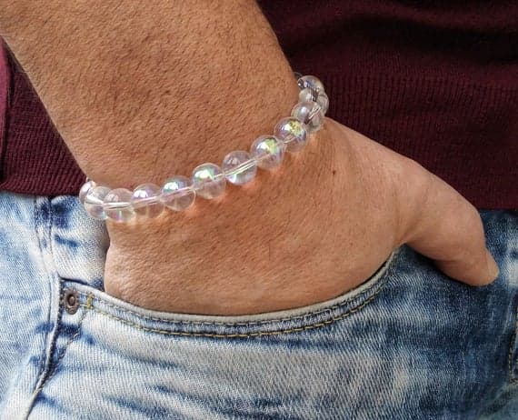 Rock Gift 10mm Clear Aura Glass CRYSTAL Stretchable Bracelet Round, Smooth 18cm for mens, womens, gf, bf and adults.
