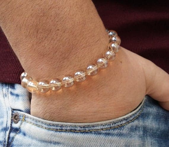 Positive Energy 10mm Golden Gold EN CRISTAL Stretchable Bracelet Round, Smooth 18cm for mens, womens, gf, bf and adults.