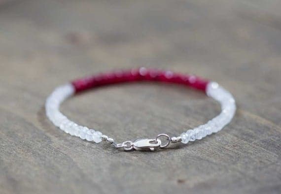 925 sterling silver good luck gift 3.5mm Multi Colour Rainbow Moonstone & Ruby stacking Bracelet Rondelle, Faceted 18cm for mens, womens, gf, bf and adults.