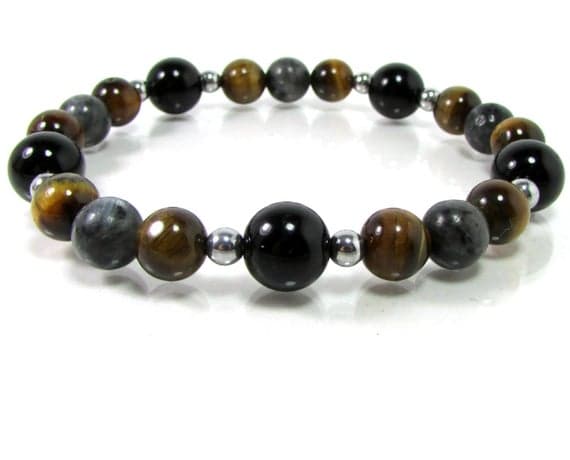 chakras simple Silver Helling 8mm Stretchable Multi Onyx,Labradorite and Tiger Eye Bracelet Round, Smooth 7" for mens, womens.