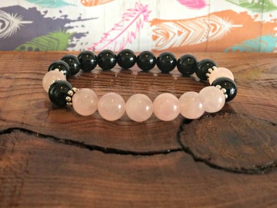 Blush Jewelry 8mm Stretchable Black & Pink Black Tourmaline &  Rose Quartz Bracelet Round , Smooth 7" for mens, womens, gf, bf & Adult.