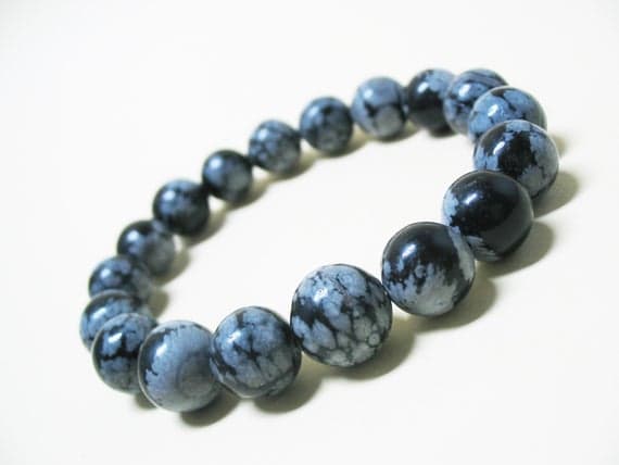 Rock Gift 10mm Stretchable black Snowflake Obsidian Bracelet Round, Smooth 7.5" for mens, womens, GF, BF, Adults.