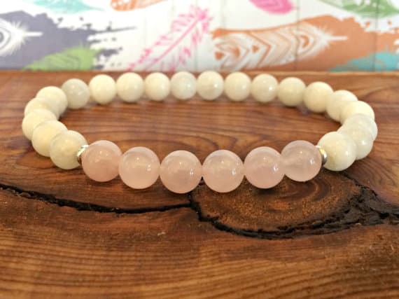 Jewelry Energy 8mm Stretchable Pink & White Moonstone & Rose Quartz  Bracelet Round, Smooth 7" for mens, womens, gf, bf & Adult.