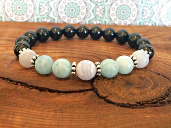 good luck gift 8mm Stretchable Multi Black Tourmaline, Blue Lace Agate & Aquamarine Bracelet Round, Smooth 7" for mens, womens, gf, bf & Adult.