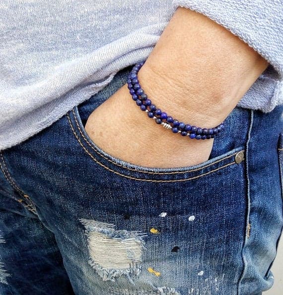 925 sterling silver love beach youth 4mm Blue Lapis Lazuli Stretchable Bracelet Round, Smooth 18cm for mens, womens, gf, bf and adults.